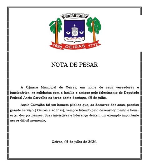 C Mara Municipal De Oeiras Emite Nota De Pesar Pelo Falecimento De