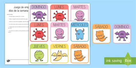 Cartas De Juego Tem Ticas Emparejar Los D As De La Semana Monstruos