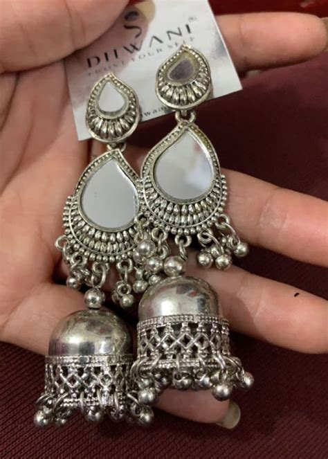 Earrings Studs Long Oxidised Mirror Jhumka Earrings Freeup