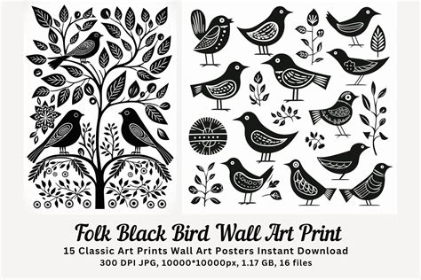 15 folk black bird wall art print | Decorative Illustrations ~ Creative ...