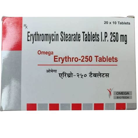 Omega 250mg Erythromycin Stearate Tablets IP Packaging Size 10X20 At