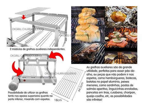 Gira Grill Churrasqueira Inox 6 Espetos 3 Niveis 4 Grelhas