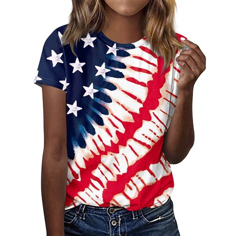 Knosfe 4th Of July Shirts For Women Casual Stars Striped American Flag Short Sleeve Tops 2024