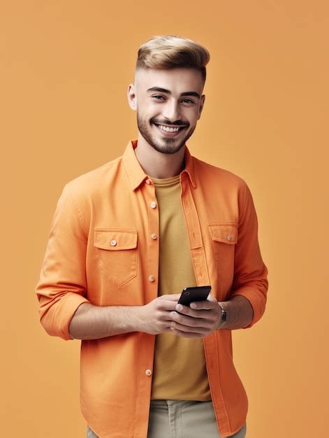 Premium Ai Image Young Man Holding Smartphone Smiling