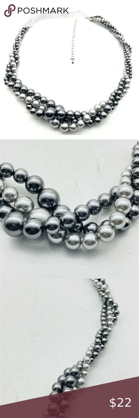 RMN Tagged Grey Faux Pearl Twisted Triple Strand Necklace Silver Tone