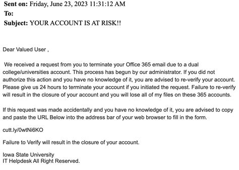 YOUR ACCOUNT IS AT RISK Email Phishing Scam Targets Iowa State