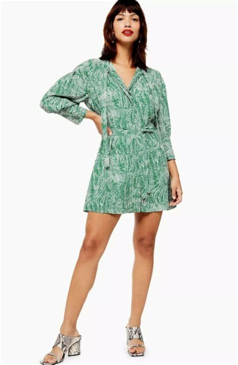 Topshop Green Animal Print Pintuck Belted Long Sleeve Shirt Dress Size