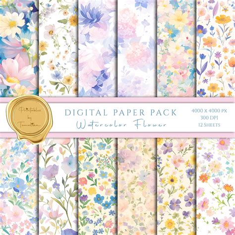 12 Watercolor Flower Seamless Pattern Shabby Floral Paper Pastel