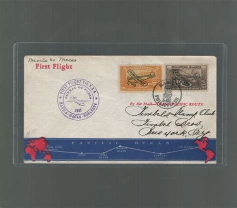 Us First Flight Cover Pan Am Map Envelope Manila Philippines To Macao