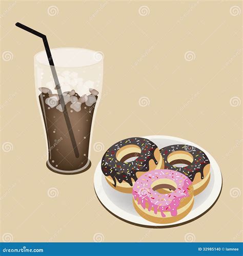 A Delicious Iced Coffee With Glazed Donuts Stock Vector Illustration