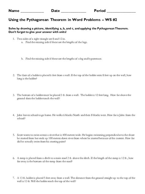 Fillable Online Pythagorean Theorem Word Problems Matching Worksheet