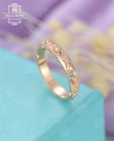 Aquamarine Wedding Band Vintage Wedding Band Rose Gold Women Antique ...