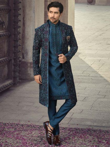 Blue Thread Embroidered Readymade Indo Western Sherwani