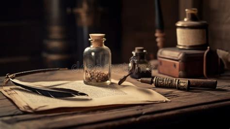 Old Quill Pen And Old Paper Blank Sheet And Vintage Inkwell On Wooden