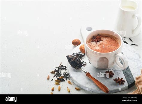 Masala Tea Masala Chai Spiced Tea With Milk And Spices On Light Grey Background Traditional