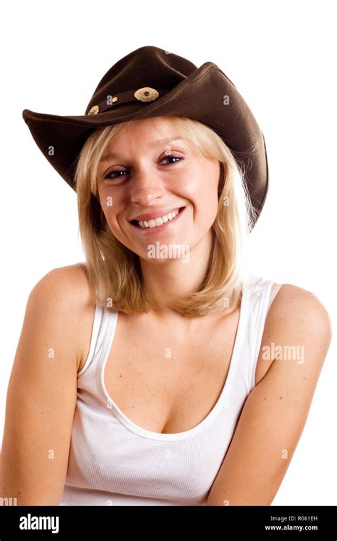 Pretty Western Woman In Hat Closeup On White Background Stock Photo Alamy