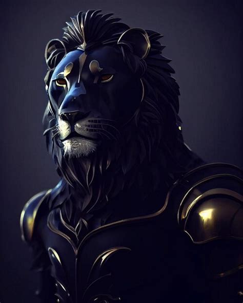 Premium Photo | A lion with a black mane and gold eyes stands in front of a dark background.