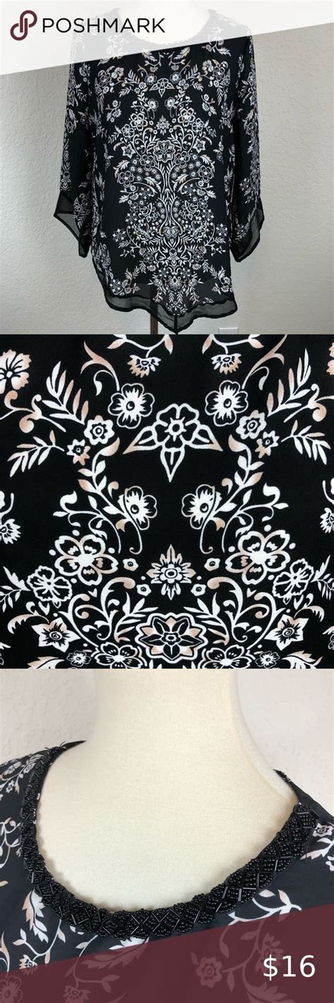 Roz Ali Black White Floral Long Sleeve Blouse M Clothes Design