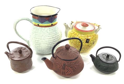 Lot - (5pc) Ceramic & Cast-iron Chinese Teapots