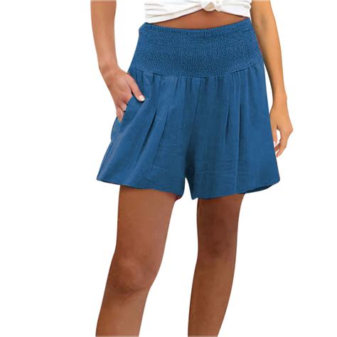 Women Linen Shorts Plus Size Smocked High Waist Pleated Wide Leg Shorts