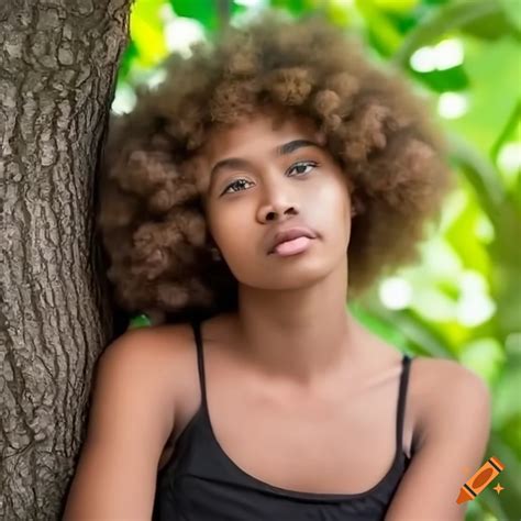 Tahitian Girl With Blonde Afro Hair Leaning On A Tree On Craiyon