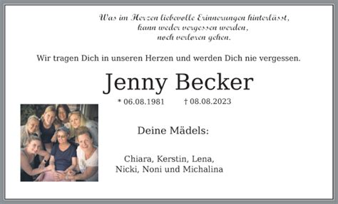 Traueranzeigen Von Jenny Becker Nordwest Trauer De