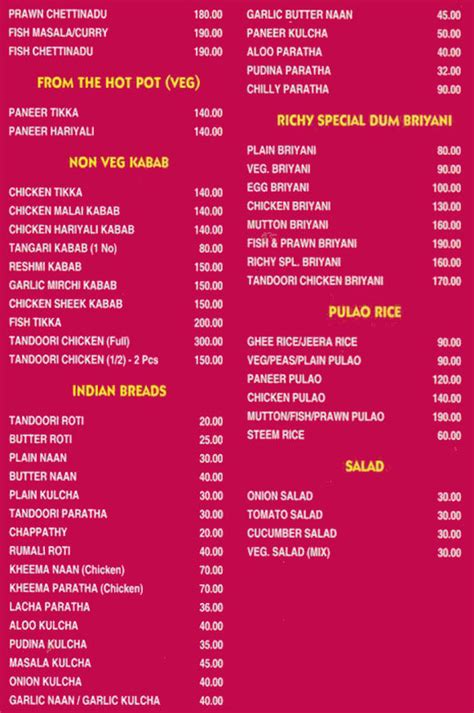 Menu Of Rich Restaurant Rich Restaurant Menu Anna Nagar West