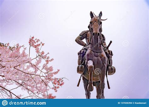 A Statue Of Masamune Date On Horseback Entering Sendai Castle In Full