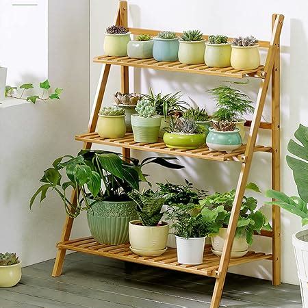 UNHO Bamboo Ladder Plant Stand 3 Tier Foldable Plant Display Shelf Rack