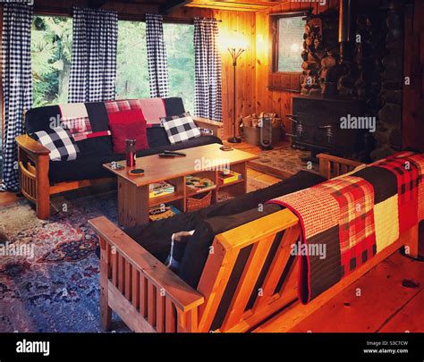 Interior of forest cabin Stock Photo - Alamy