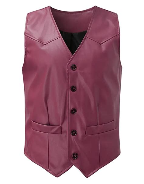 Mens V Neck Collar Burgundy Faux Leather Vest