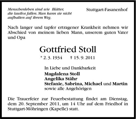 Traueranzeigen Von Gottfried Stoll Stuttgart Gedenkt De