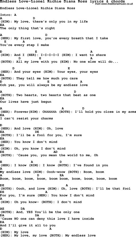 Love Song Lyrics Forendless Love Lionel Richie Diana Ross With Chords