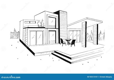 Hand Drawn Villa. Modern Private Residential House. Black and White ...