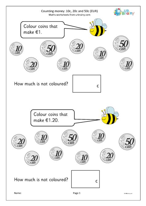 Counting Money 4 Euros Money Worksheets Using Euros By