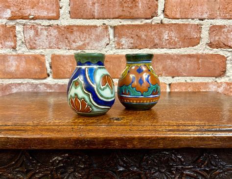 Pair Of Gouda Pottery Art Vases Hand Painted Dutch Gouda Art Pottery