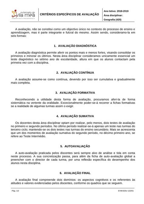 Pdf Ano Letivo Crit Rios Espec Ficos De Avalia O