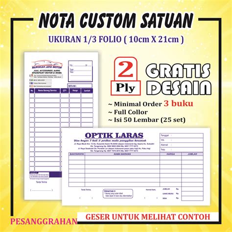 Cetak Nota Custom Olshop 2 Ply 1 3 Panjang Isi 25 Set Nota Laundry