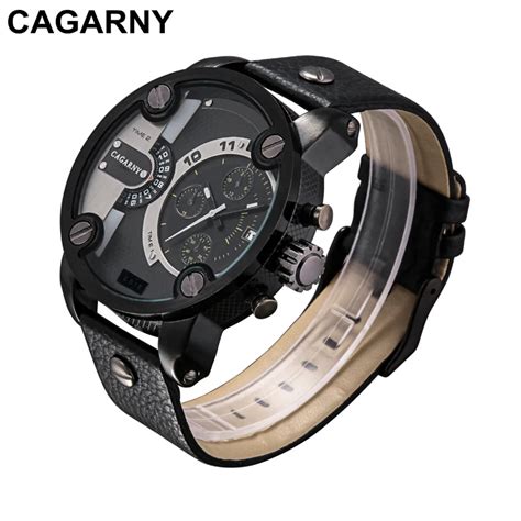 Cagarny Watches Men Luxury Brand Leather Strap Quartz Dual Time Zone