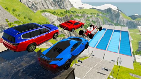 High Speed Car Jump In Four Pools Bugatti And Ferrari Beamngdrive