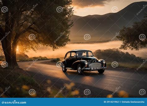 Classic Car on the Road Sunset Background Stock Illustration ...