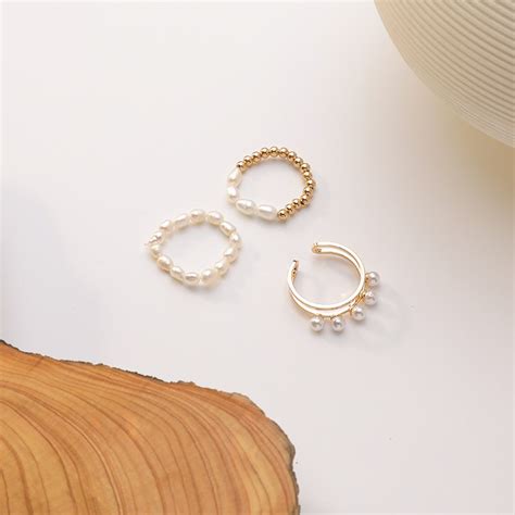 Natural Pearl Gentle Korean Mix And Match Ring Stacking Ring Threepiece