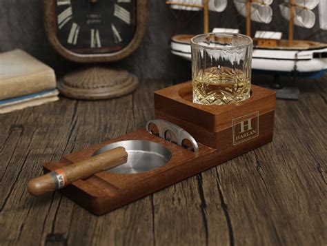 Personalized Whiskey And Cigar Tray Glass Holder Ashtray Etsy