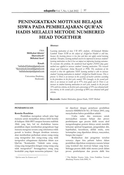 Pdf Peningkatan Motivasi Belajar Siswa Pada Pembelajaran Quran Hadis