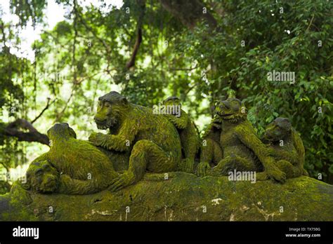 Monkey Statue At Ubud Monkey Forest Sanctuary At Bali Island Indonesia