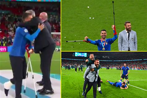 Leonardo Spinazzola hops to collect medal and celebrates on crutches as ...