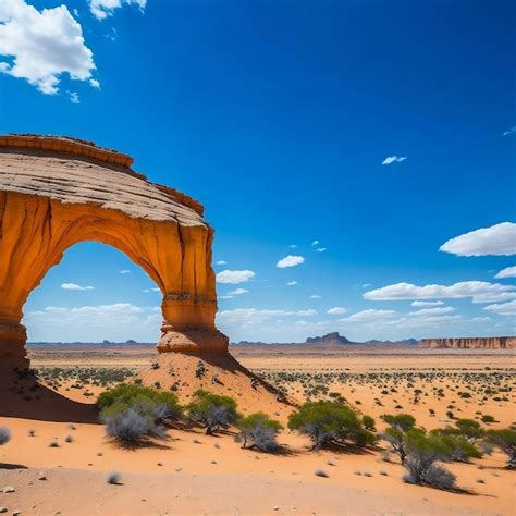 Un paisaje desértico con un arco de roca y un cielo azul con nubes