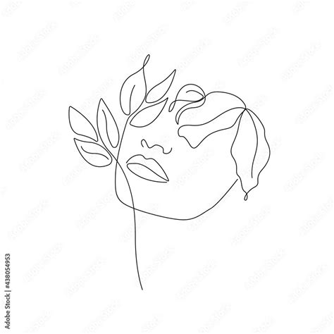 Woman Face With Flowers Line Art Drawing Continuous One Line Drawing