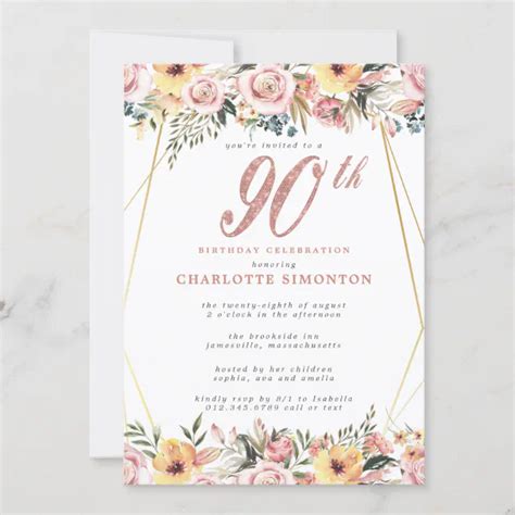 Blush Pink Gold Floral 90th Birthday Party Invitation Zazzle