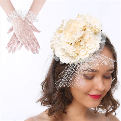 Nuolux 1 Set Wedding Bride Fascinator Hat Lace Gloves Tea Party